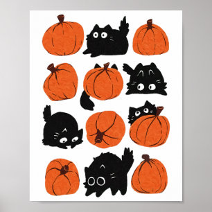 Funny Cats Retro Groovy Pumpkin Halloween Thanksgi Poster