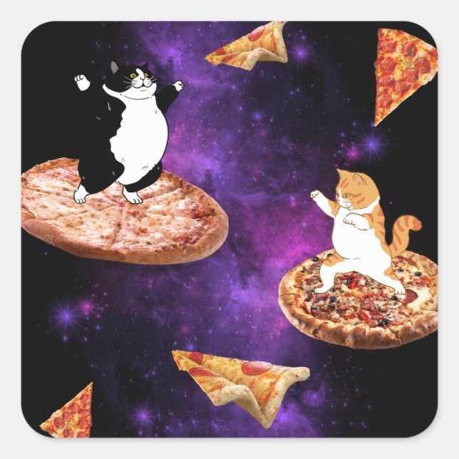 Funny cats riding pizza on space square sticker (Front)