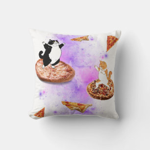 Funny cats riding pizza on space throw pillow