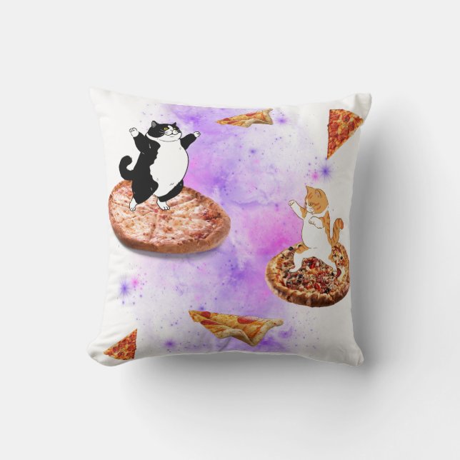 Funny cats riding pizza on space throw pillow (Front)