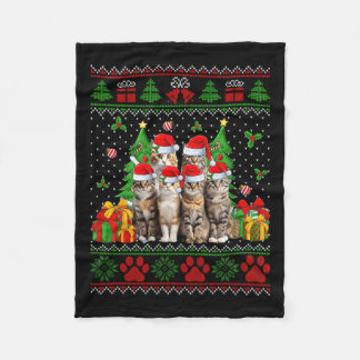 Funny Cats Santa Hat Christmas Tree Ugly Christmas Fleece Blanket