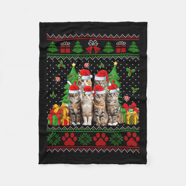 Funny Cats Santa Hat Christmas Tree Ugly Christmas Fleece Blanket (Front)