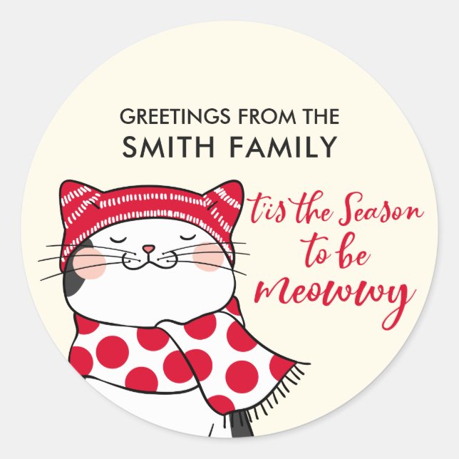 Funny Cats Season To Be Merry Holiday Classic Round Sticker (Front)