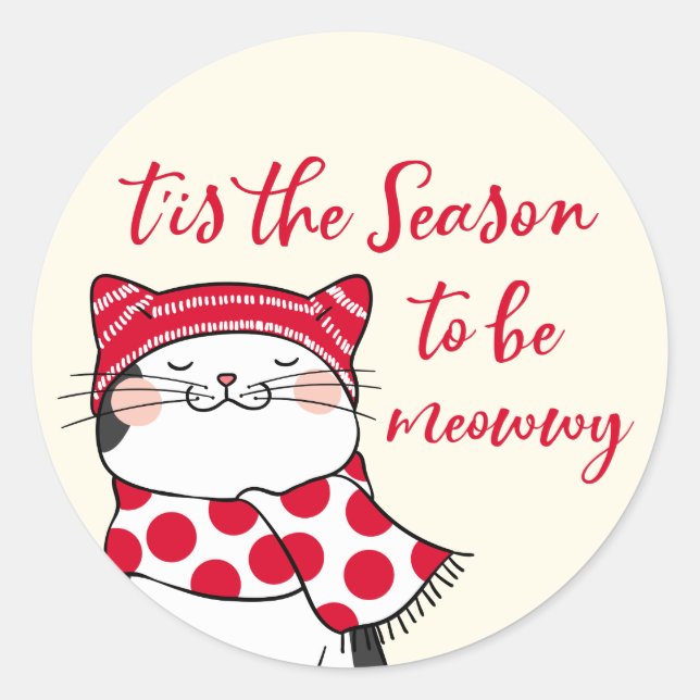 Funny Cats Season To Be Merry Holiday Classic Round Sticker (Front)