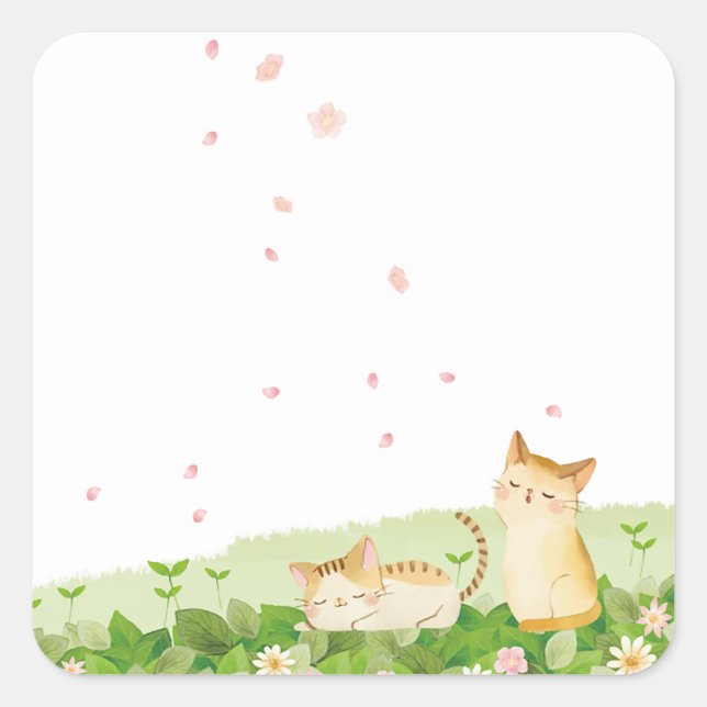 Funny Cats Singing under Cherry Blossoms Square Sticker (Front)