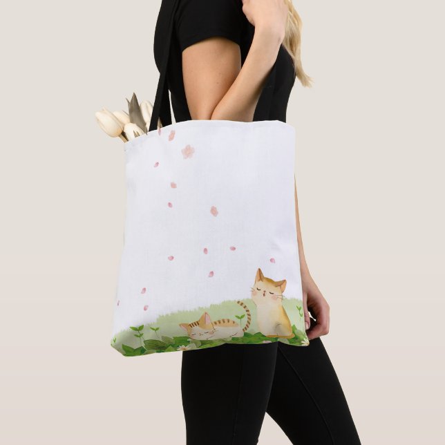 Funny Cats Singing under Cherry Blossoms Tote Bag (Close Up)