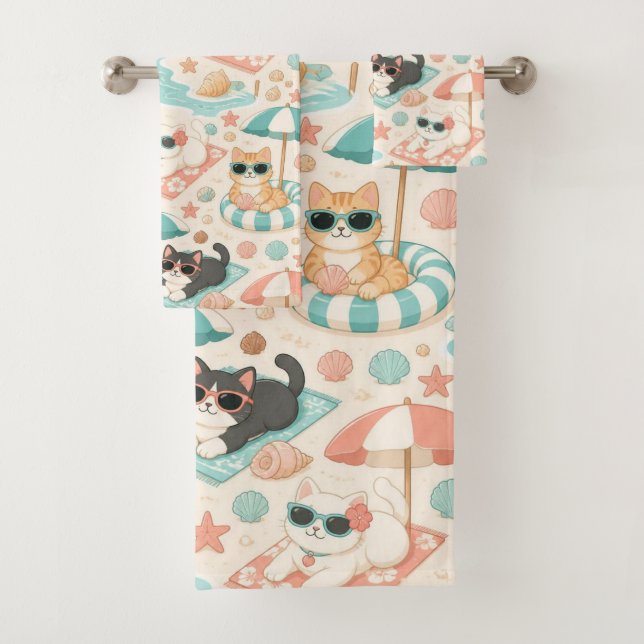 Funny Cats Sunbathing Beach Day Tropical Vacation Bath Towel Set (Insitu)