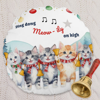 Funny Cats Watercolor Personalized Christmas Round Pillow