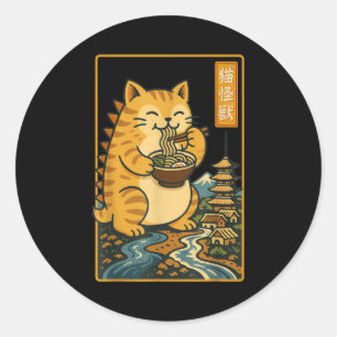 Funny Catzilla Anime Ramen Japanese Cat Men Women  Classic Round Sticker