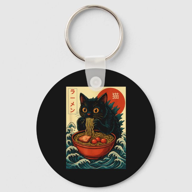 Funny Catzilla Anime Ramen Japanese Cat Men Women  Keychain (Front)