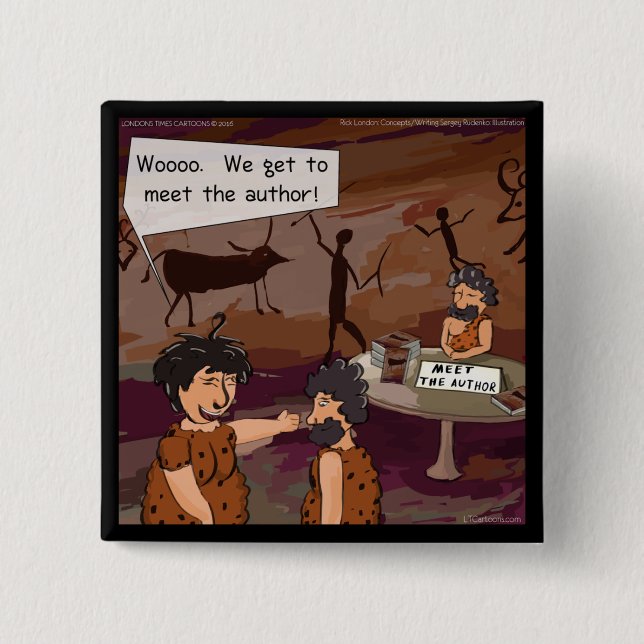 Funny Caveman Author "Meet The Author" 2 Inch Square Button (Front)