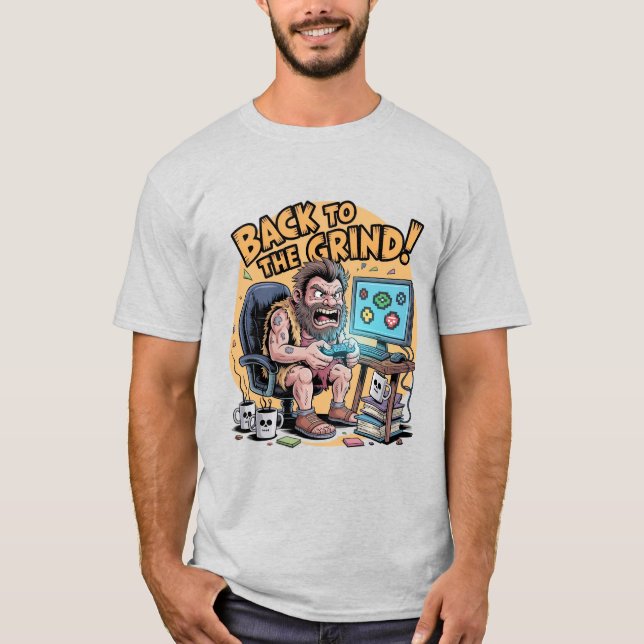 Funny Caveman Gamer Prehistoric Grind T-Shirt (Front)