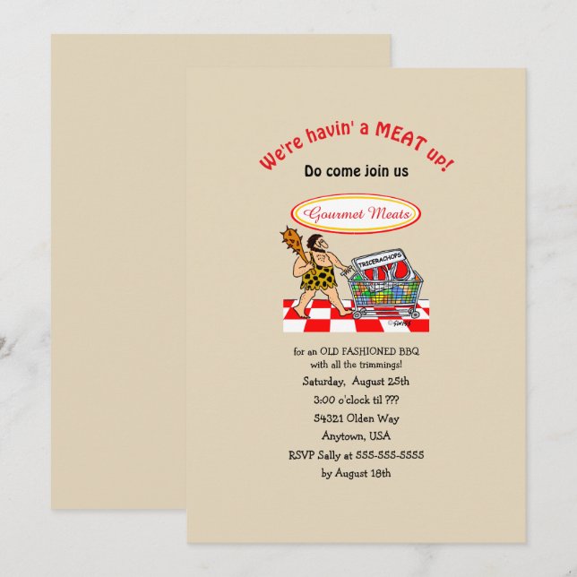 Funny Caveman Old Fashioned MEAT Up BBQ  Invitation (Front/Back)