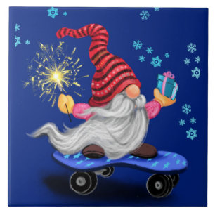 Funny Ceramic Tile Cute Skater Gnome with Gift