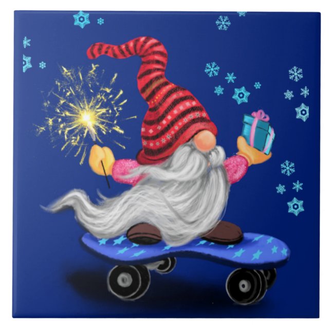 Funny Ceramic Tile Cute Skater Gnome with Gift (Front)