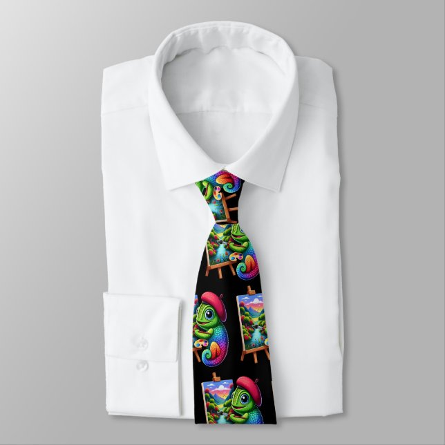 Funny Chameleons Painting on Oil Canvases Tie (Tied)