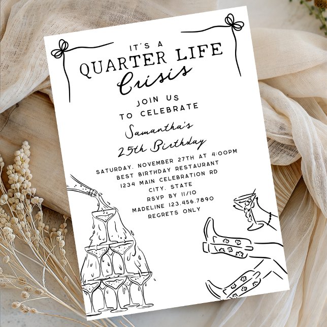 Funny Champagne Quarter Life Crisis 25th Birthday Invitation (Creator Uploaded)