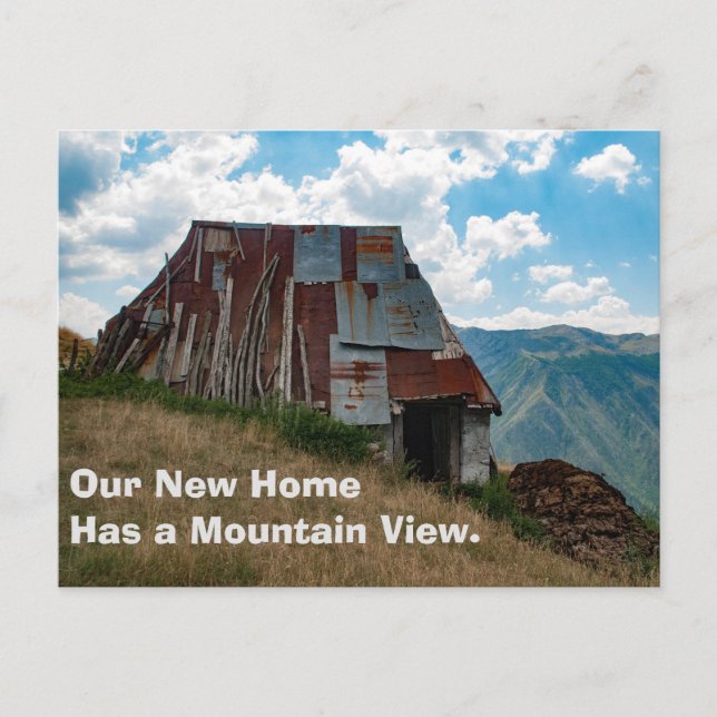 Funny Change of Address Card: Tin Roof Announcement Postcard (Front)