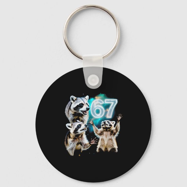 Funny Chaotic Raccoon Howling At 67 Cosmic Six Sev Keychain (Front)
