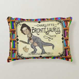 Funny Charlotte Bronte Saurus Dinosaur Book Reader Accent Pillow