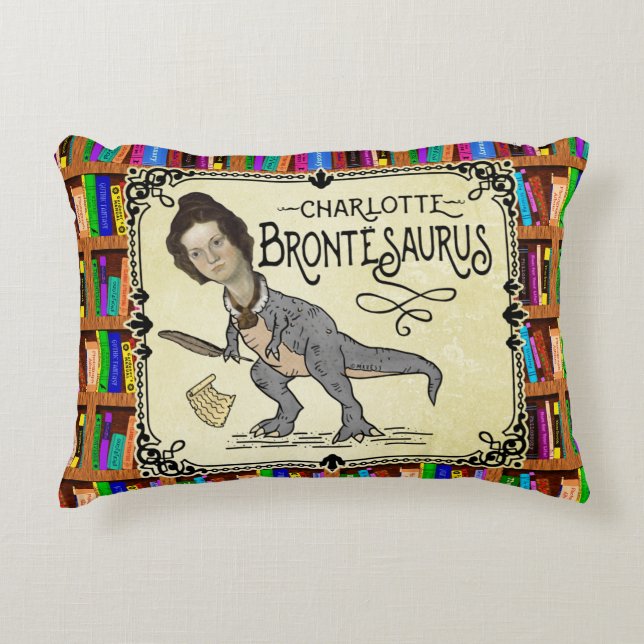 Funny Charlotte Bronte Saurus Dinosaur Book Reader Accent Pillow (Front)