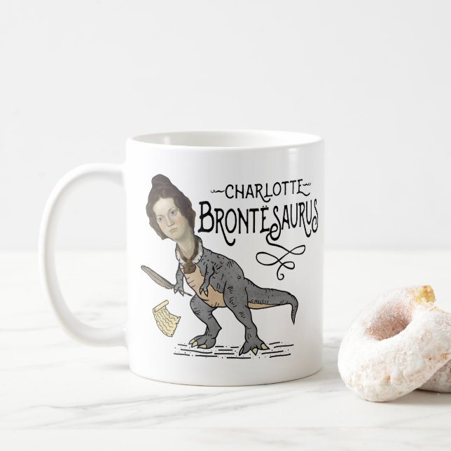 Funny Charlotte Bronte Saurus Dinosaur Book Reader Coffee Mug (With Donut)
