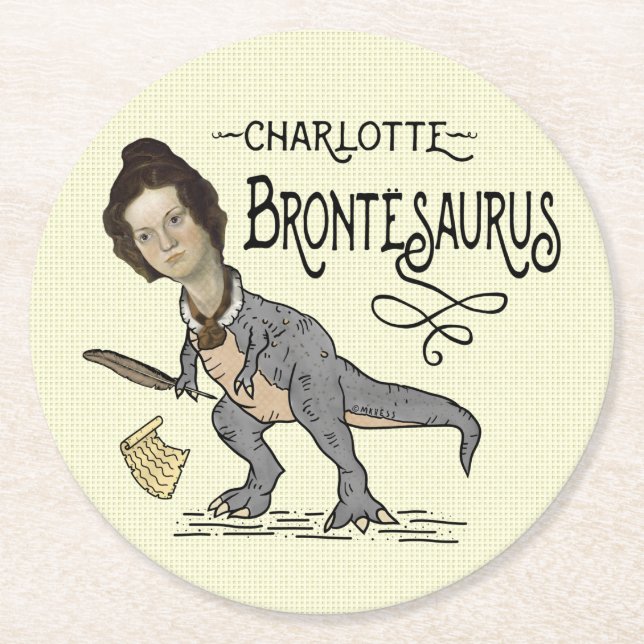 Funny Charlotte Bronte Saurus Dinosaur Book Reader Round Paper Coaster (Front)