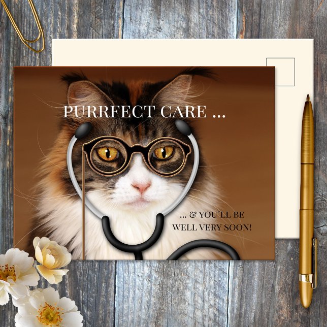 Funny Chat Docteur Se Bien Bientôt Carte Postale (Postcard featuring a funny cat doctor - great for well wishes for a cat lover)