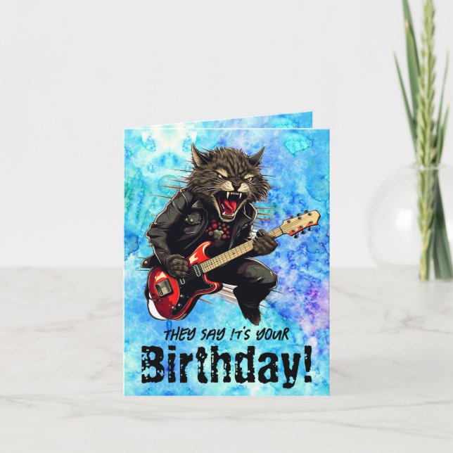 Funny Chat Guitare Anniversaire Carte de voeux pli (Devant)