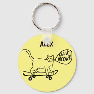 Funny Check MEOWT Skateboarding Cat CUSTOM Keychain