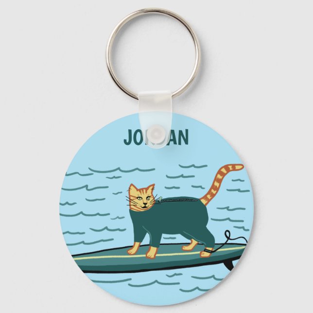 Funny Check MEOWT Surfing Cat CUSTOM Keychain (Front)