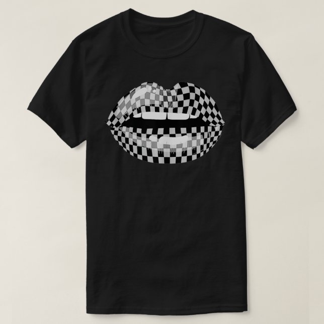 Funny Checkered Black White Lip Gift Cute Checkerb T-Shirt (Design Front)