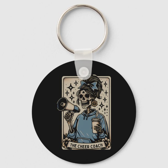 Funny Cheer Coach Tarot Card Skeleton Cheerleading Keychain (Front)