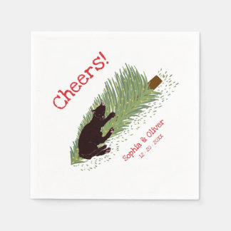 Funny Cheers! Black Cat vs Christmas Tree Holidays Napkin