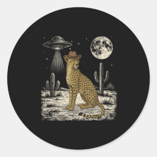 Funny Cheetah Cowboy Western Ufo Safari Animal Classic Round Sticker