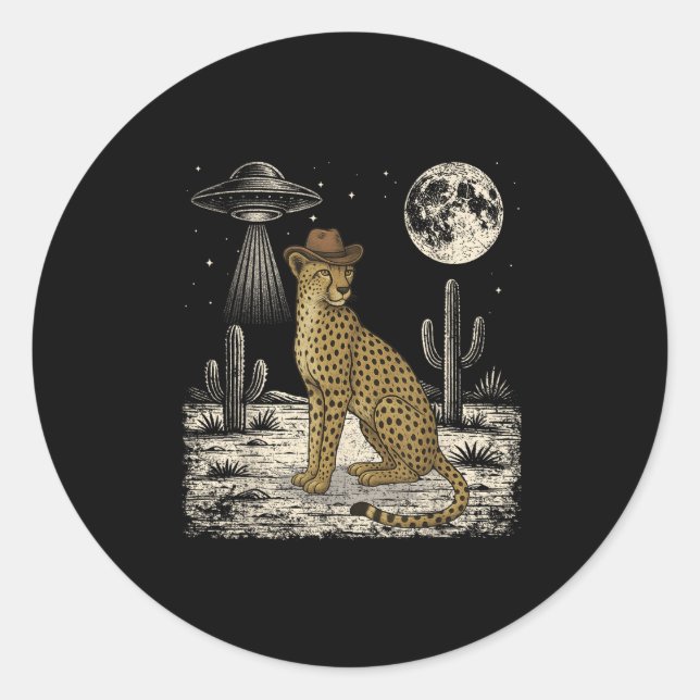 Funny Cheetah Cowboy Western Ufo Safari Animal  Classic Round Sticker (Front)