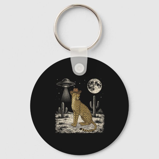 Funny Cheetah Cowboy Western Ufo Safari Animal  Keychain (Front)