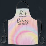 Funny chef quote rainbow pastel marble pattern apron<br><div class="desc">Kiss the cook and bring her wine! A funny chef quote on a girly unicorn rainbow pastel marble pattern</div>