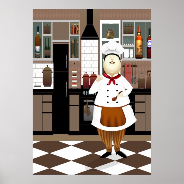 Funny Chef with Big Hat in Kitchen Poster (Front)