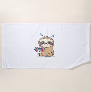 Funny Chibi Sloth Workout  Cute Kawaii Gym Cartoon Beach Towel