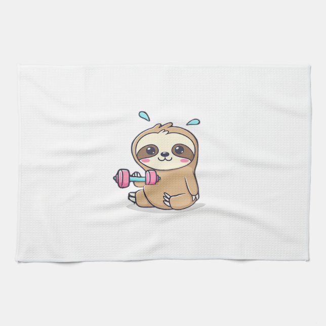 Funny Chibi Sloth Workout  Cute Kawaii Gym Cartoon Kitchen Towel (Horizontal)