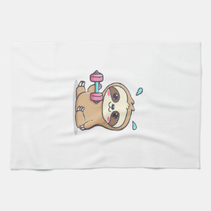 Funny Chibi Sloth Workout  Cute Kawaii Gym Cartoon Kitchen Towel