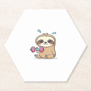 Funny Chibi Sloth Workout  Cute Kawaii Gym Cartoon Paper Coaster