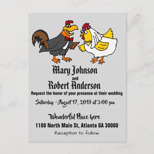 Funny Chicken Bride and Groom Wedding Invitation Postcard (Front)