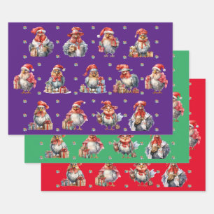Funny Chicken Christmas Holiday Shoppers 3-Colour Wrapping Paper Sheet