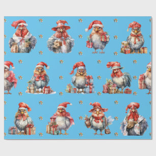 Funny Chicken Christmas Holiday Shoppers Blue Wrapping Paper