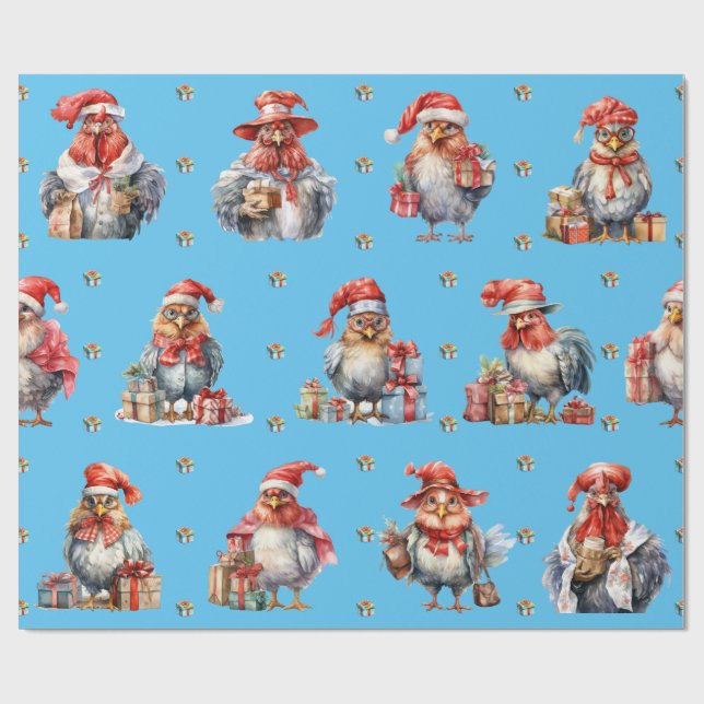 Funny Chicken Christmas Holiday Shoppers Blue Wrapping Paper (Flat)