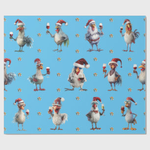 Funny Chicken Christmas Holiday Wine Party Blue Wrapping Paper
