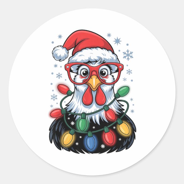 Funny Chicken Christmas Tree Lights Santa Hat Xmas Classic Round Sticker (Front)