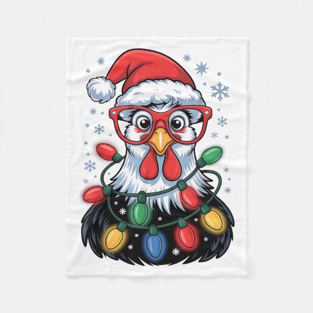 Funny Chicken Christmas Tree Lights Santa Hat Xmas Fleece Blanket (Front)